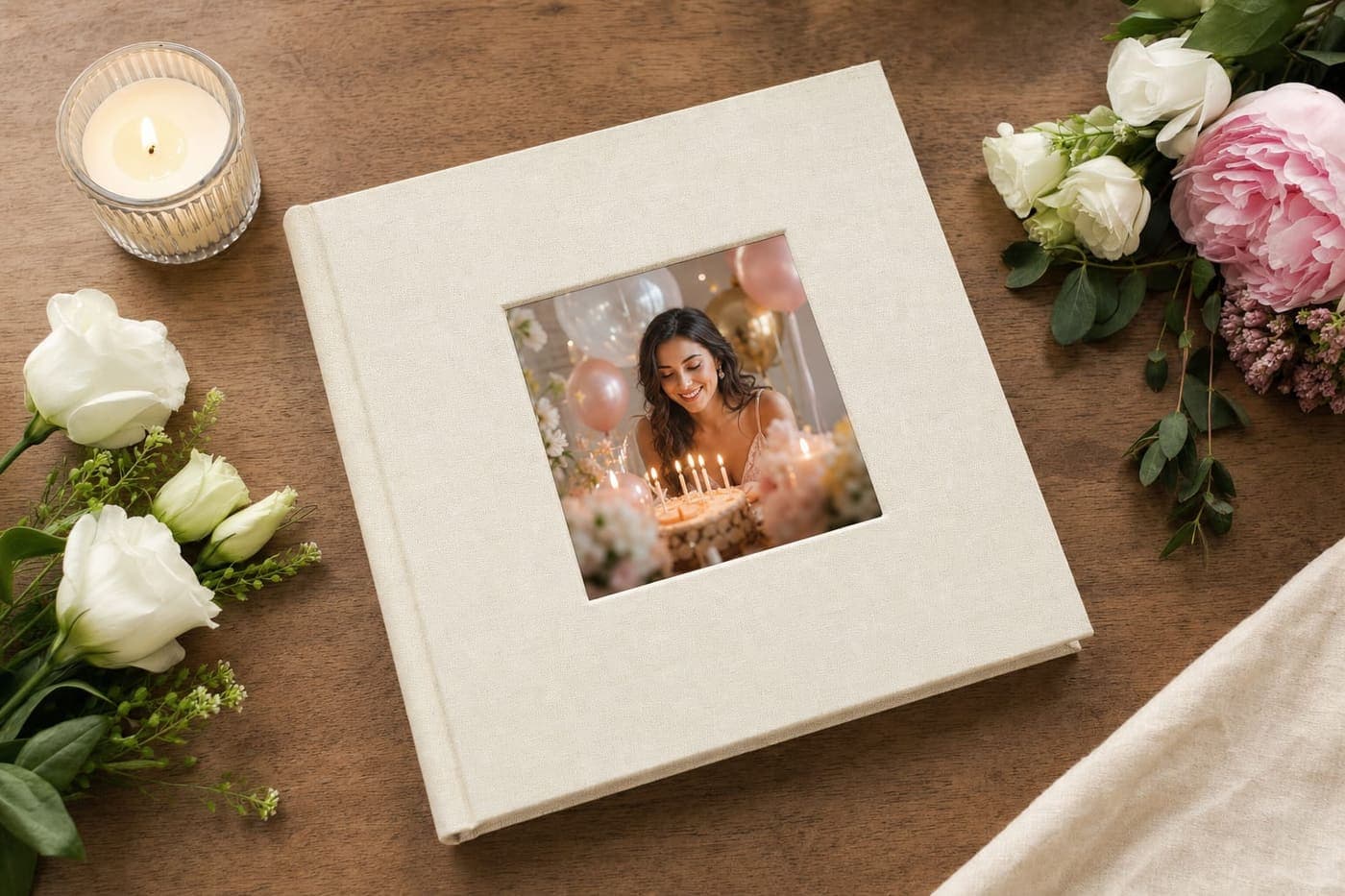 A cream birthday keepsake book with a photo window on the cover, beside a lit candle and flowers