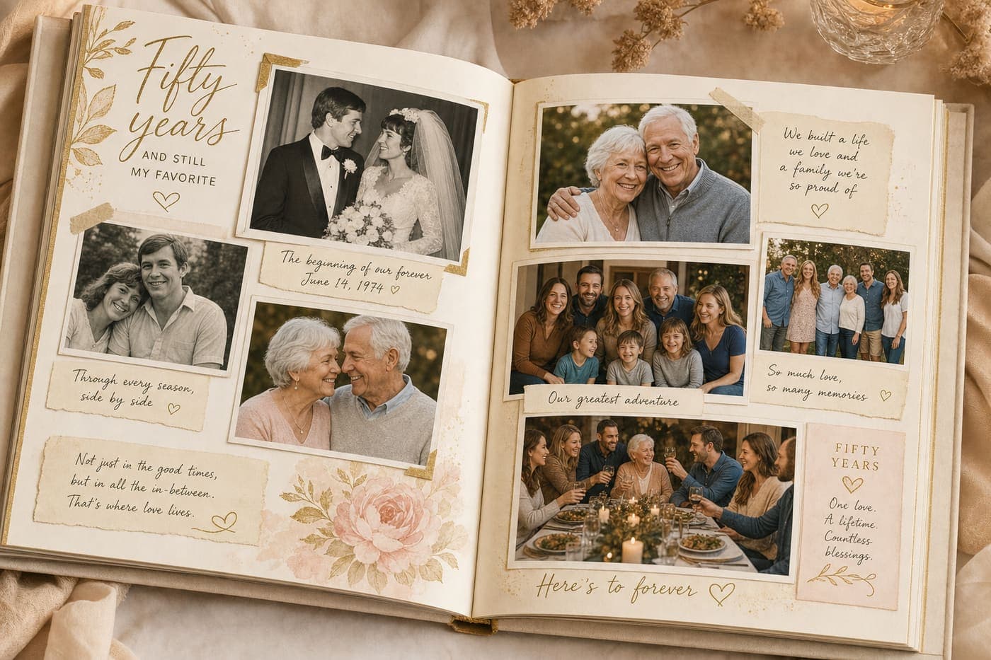 A fiftieth anniversary keepsake book spread with an older couple and family photos across decades