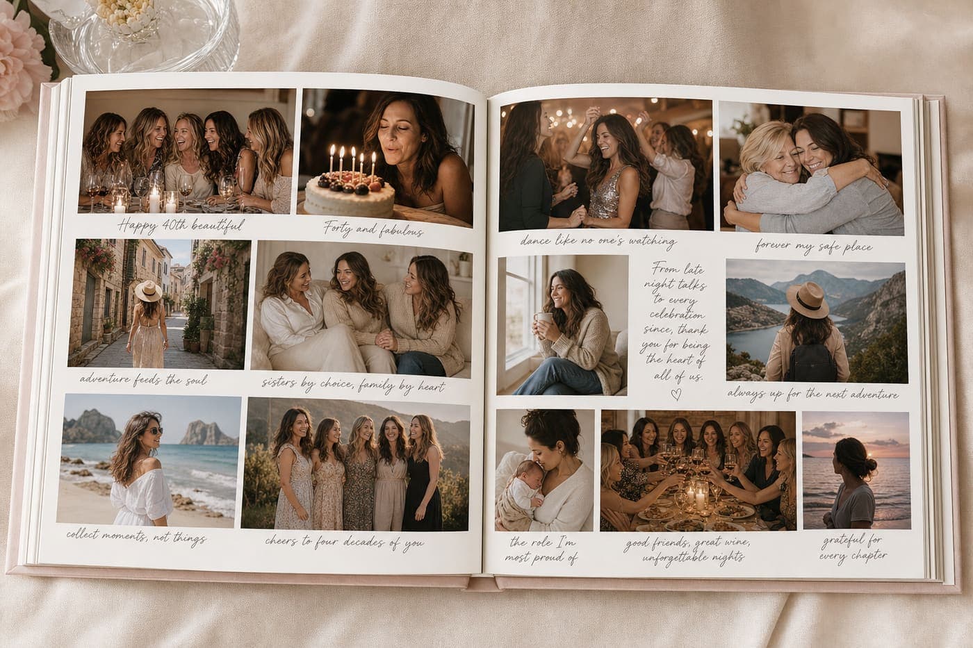 A birthday keepsake book spread with many celebration photos and short notes from friends