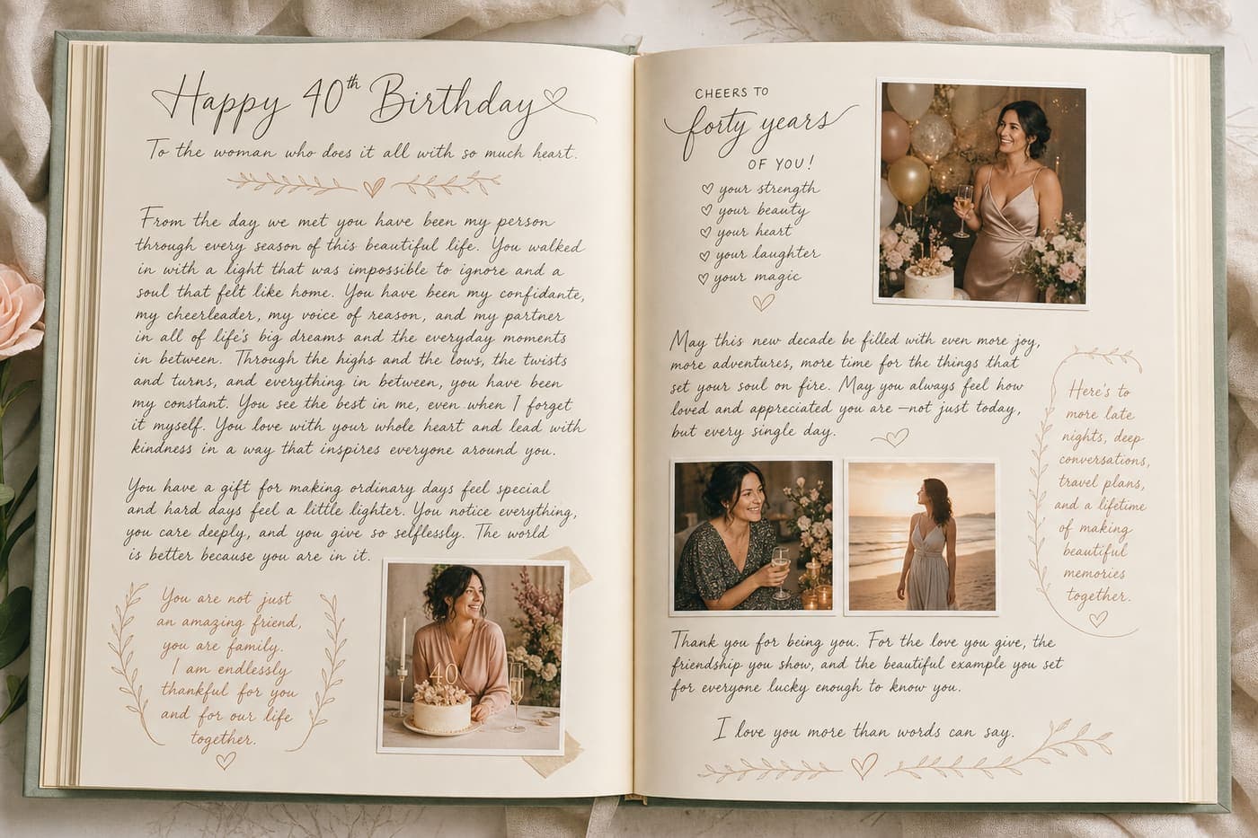 A text-forward birthday keepsake book spread with heartfelt letters and a few celebration photos