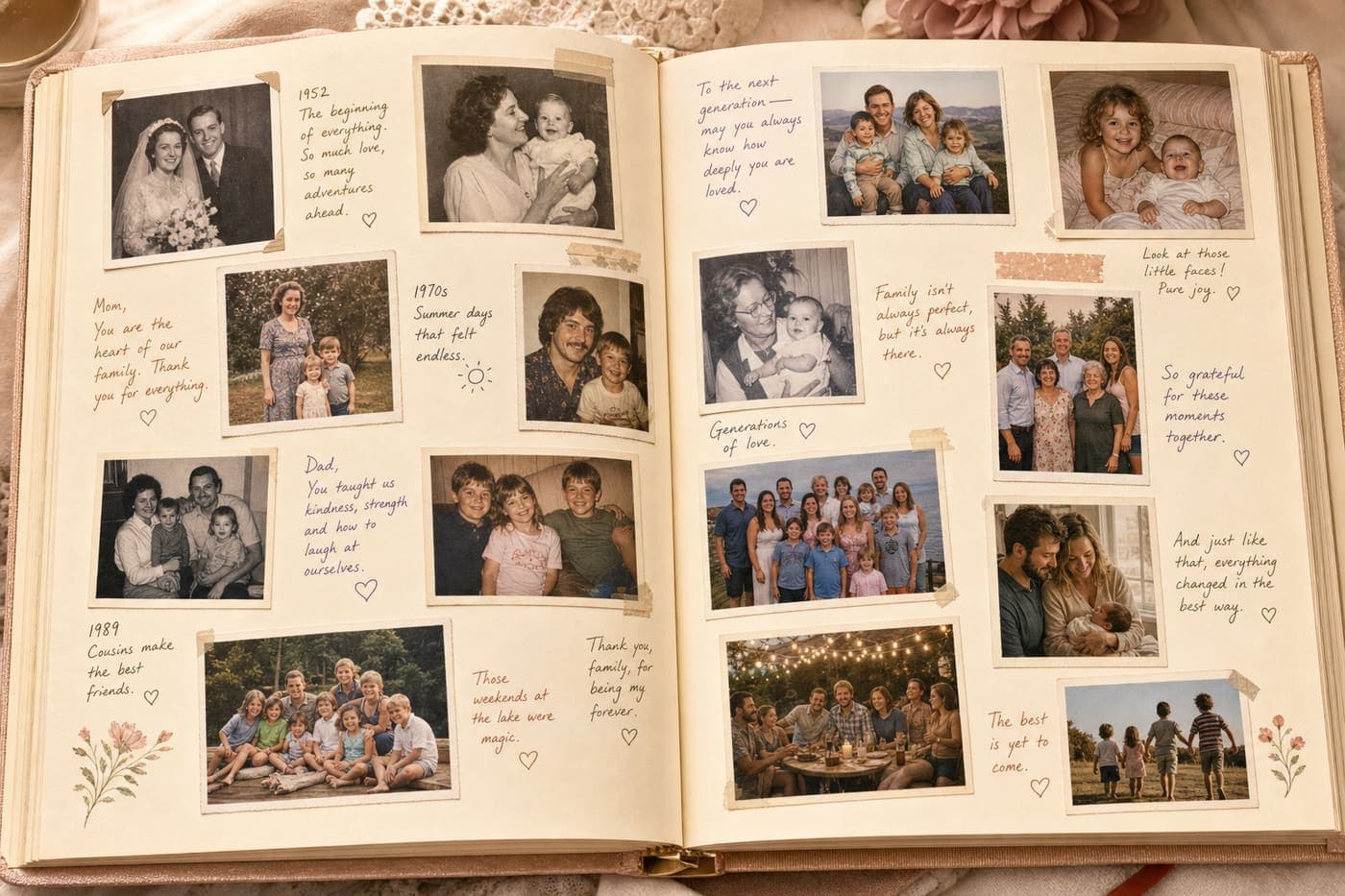 A family keepsake book spread showing photos across the years with notes from relatives
