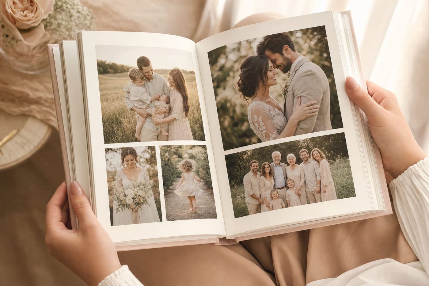 Hands holding an open keepsake book filled with family and wedding photographs