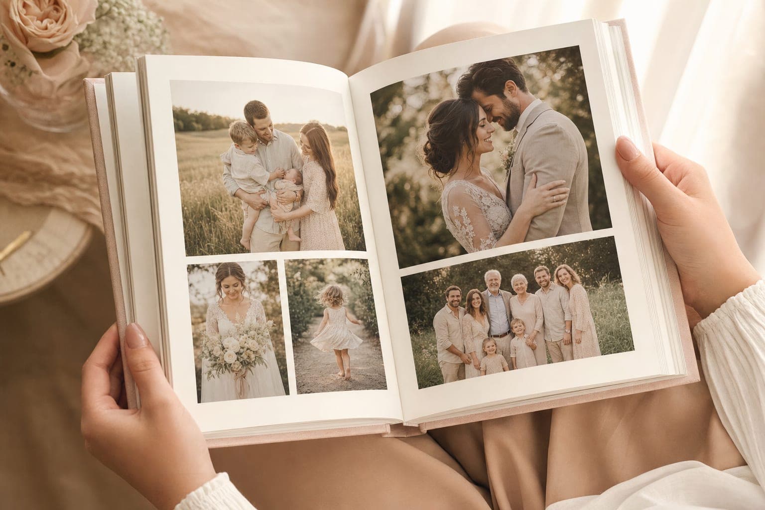 Hands holding an open keepsake book filled with family and wedding photographs