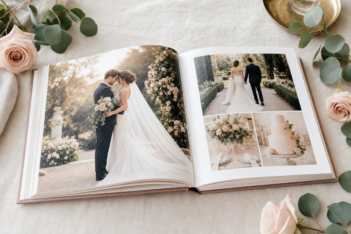 An open Wishwell keepsake book on linen, showing wedding photos, with blush roses and eucalyptus